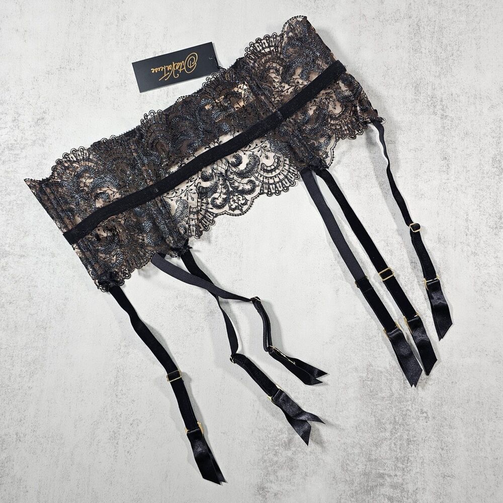 Dita Von Teese Nom De Plume Black Suspender Embroidered Lace Garter Belt Size L
